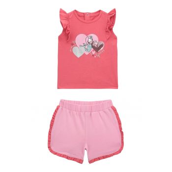 Set de tricou cu imprimeu si pantaloni scurti cu detalii cu volane - 2 Piese