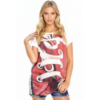 Tricou lung cu decolteu la baza gatului si imprimeu