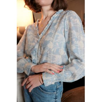 Camasa albastra cu print floral si detalii brodate - 4819T M9 17134