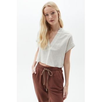 Tricou crop din amestec de in cu decolteu in V