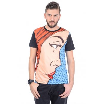 Tricou cu decolteu la baza gatului si imprimeu grafic