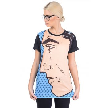 Tricou cu decolteu rotund si imprimeu supradimensionat
