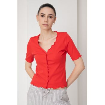 Bluza crop cu maneci scurte si terminatii valurite