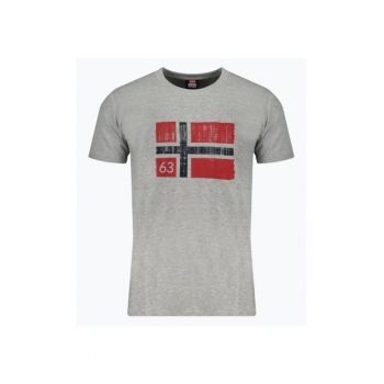 Tricou barbati cu decolteu la baza gatului si imprimeu cu logo - Gri inchis -