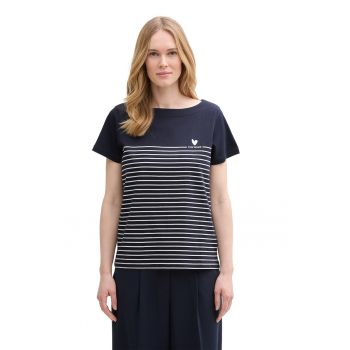 Tricou din bumbac organic cu model in dungi si decolteu barcuta