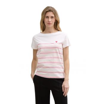 Tricou din bumbac organic cu model in dungi si decolteu barcuta