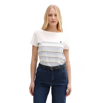 Tricou din bumbac organic cu model in dungi si decolteu barcuta