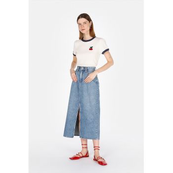 Fusta din denim cu talie inalta si slit frontal