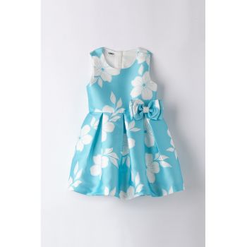 Rochie evazata cu model floral si funda