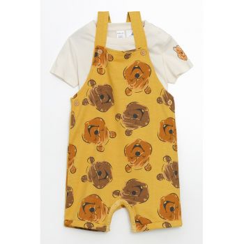 Set de salopeta de bumbac cu Winnie The Pooh si tricou cu decolteu la baza gatului