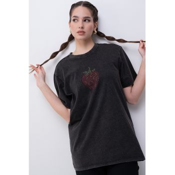 Tricou de denim cu decolteu la baza gatului