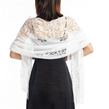 Esarfa / sal din dantela, dimensiune mare 185 x 63 cm, cu broderie, alb