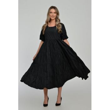 Rochie ampla, lunga, cu volane, A-line, taiata in talie, din tafta de vascoza, neagra cu irizatii maron