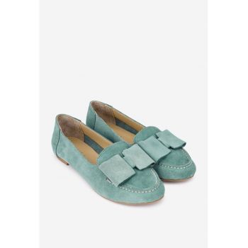 Mocasini dama din piele intoarsa verde menta cu funda