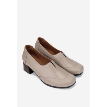 Pantofi dama  taupe din piele naturala cu toc