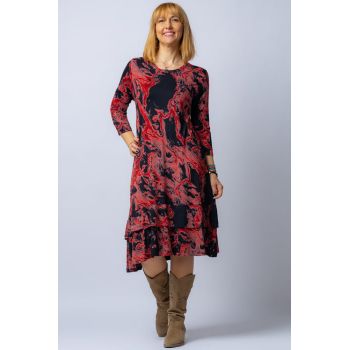 Rochie  A line  midi, din vascoza cu imprimeu bordo si doua volane poale