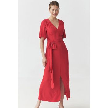 Rochie maxi cu slit frontal si cordon in talie