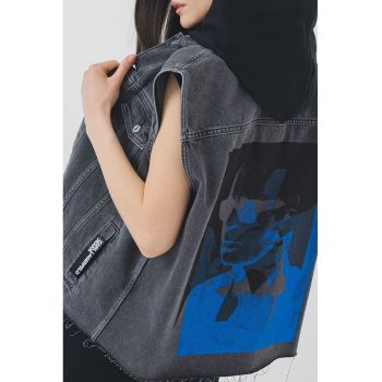 Vesta de denim cu buzunare pe piept