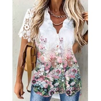 Bluza cu flori si broderie, de dama, maneca scurta, model 135