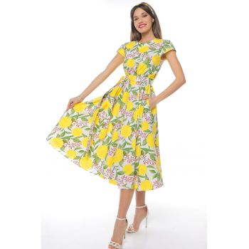 Rochie midi cu croiala evazata si maneci scurte