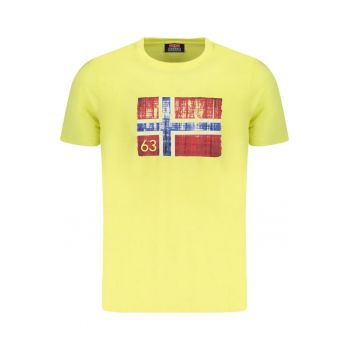 Tricou barbati cu decolteu la baza gatului si imprimeu cu logo - Galben -