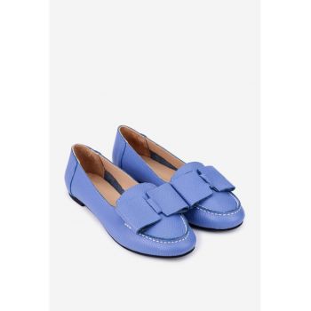 Mocasini dama din piele bleu naturala cu funda