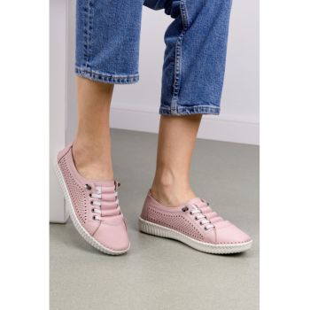 Pantofi dama casual roz din piele perforata pe laterale