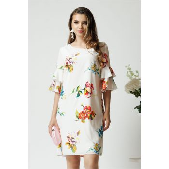 Rochie de zi din viscoza alba cu imprimeuri florale colorate