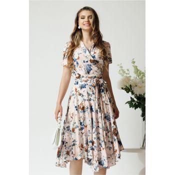 Rochie de zi din viscoza roz pal cu imprimeu si cordon in talie