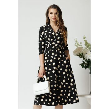 Rochie din stofa neagra midi de zi cu imprimeuri bej si decolteu