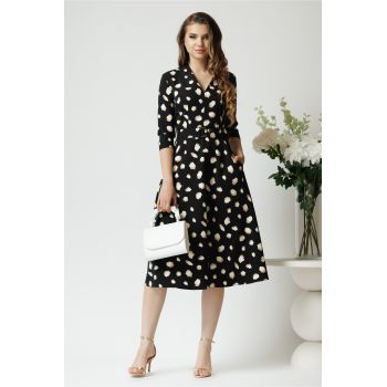 Rochie din stofa neagra midi de zi cu imprimeuri bej si decolteu