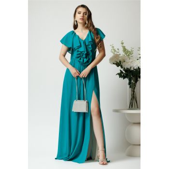Rochie DY Fashion lunga eleganta din voal verde cu floare in talie si volan la bust