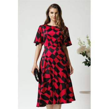 Rochie eleganta din satin fucsia cu imprimeuri negre