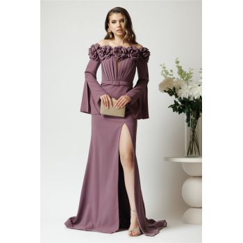 Rochie eleganta lunga din crep mov cu flori la decolteu si curea in talie