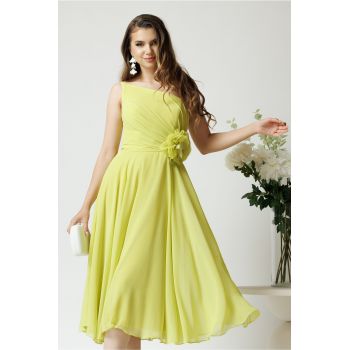 Rochie eleganta midi din voal verde lime cu floare in talie