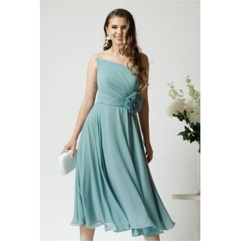 Rochie eleganta midi din voal verde mint cu floare in talie