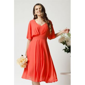 Rochie eleganta vaporoasa din voal corai cu pliuri pe talie