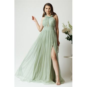 Rochie lunga de ocazie din dantela verde mint cu glitter