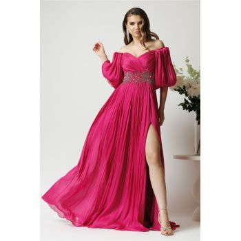 Rochie lunga de ocazie din voal magenta cu strasuri in talie si maneci scurte bufante