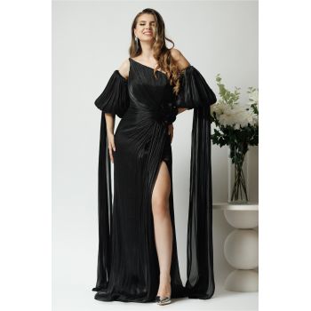 Rochie lunga de ocazie din voal neagra cu maneci ample