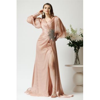 Rochie lunga de ocazie din voal rose cu strasuri in talie