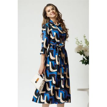 Rochie office cu imprimeu geometric albastru si cordon in talie