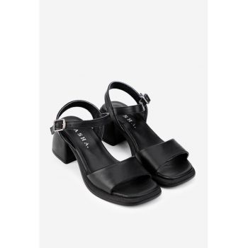 Sandale dama negre din piele cu varful patrat