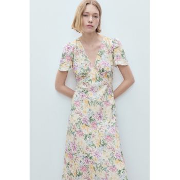 Rochie midi din amestec de in cu croiala in A si decolteu in V