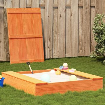 Gossi groapa de nisip cu capac, maro ceruit, 111x111x19,5 cm lemn pin