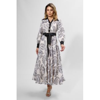 Rochie de ocazie premium cu imprimeu si guler tip camasa Berlina Ecru