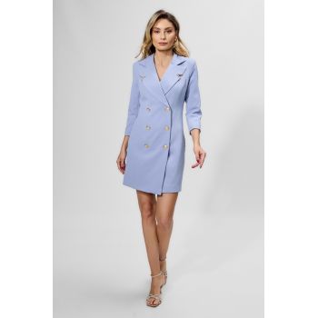 Rochie office tip sacou cu butoni aurii Solana Bleu