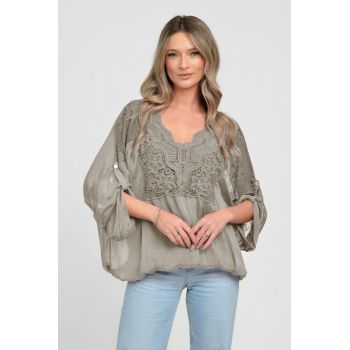 Bluza din matase naturala platca brodata, cu dantela pe maneci si pe spate, bej inchis