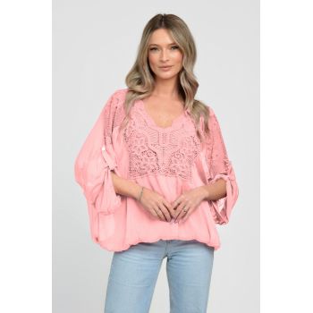 Bluza din matase naturala platca brodata, cu dantela pe maneci si pe spate, roz