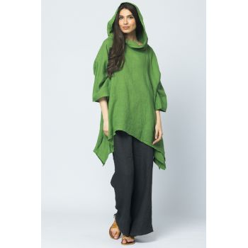 Bluza lunga in colturi, din in, cu gluga, verde